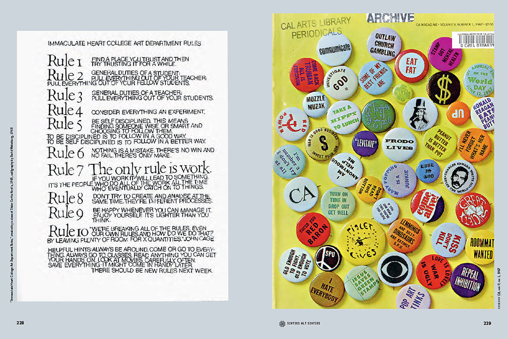 A spread from the book: on the left, the defining missive from Sister Corita Kent's class, and on the right, CA Magazine.