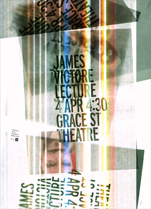 This is a poster for designer James Victore's lecture at VCU in April of 2011, created with a single scan of materials on a flatbed scanner by Mitch Goldstein.