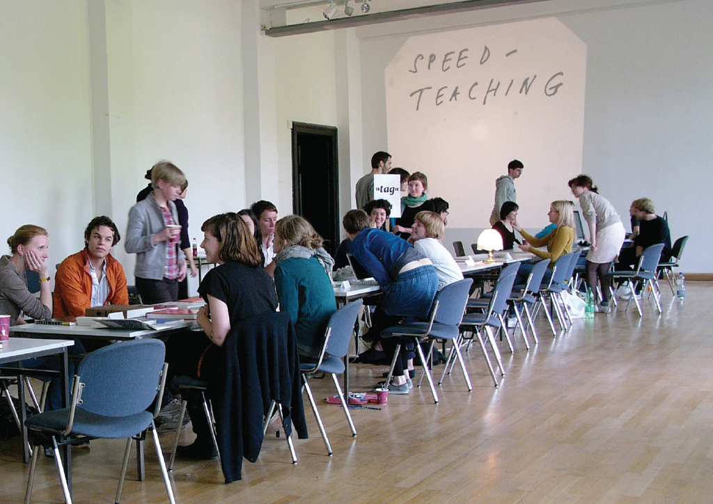 “I experiment with forms of teaching – or the generation of knowledge and its distribution. This is ‘Speed-Teaching’, a format in which roles are reversed and students become teachers and vice versa. It’s a great emancipatory and fun way of sharing knowledge. I’ve done it in different variations in London, Leipzig and Bratislava. It borrows its setting, as the name suggests, from speed-dating.”