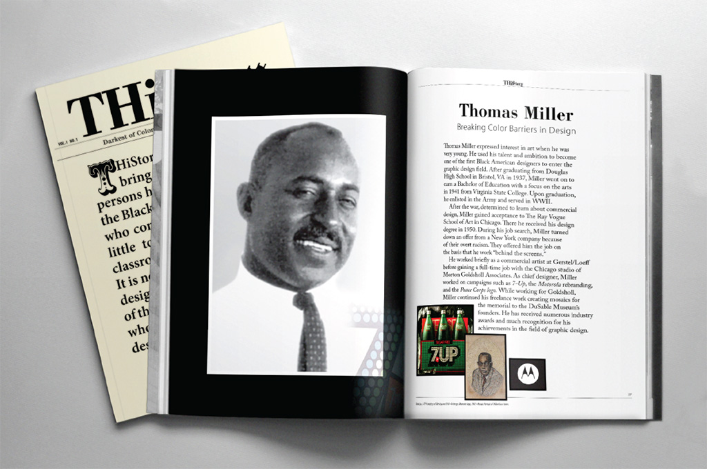 Cover design for my book, THiStory, and an inside spread featuring Thomas Miller.