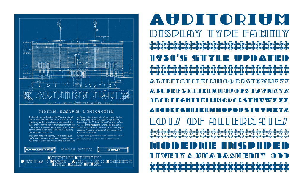 A type family based on architectural lettering from the community auditorium in Watertown, SD. The building was constructed as part of the WPA project during the late 1930’s. The typeface expanded into several styles that pulls design cues from the original building blueprints, facade lettering from other local buildings, and moderne style lettering. 