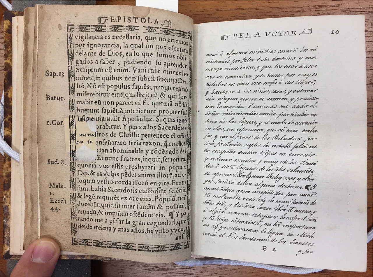 (Fig 06, Spiritual Treasure of the Poor in Language of Michoacan) It is worth noting the effort to preserve the integrity of the book throughout time; some pages have been entirely replicated dutifully by hand, while restorations have been made to missing segments of some pages.