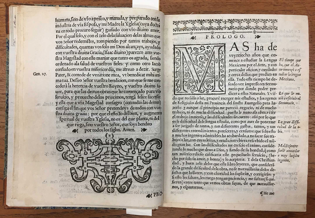 (Fig 10) Spread from Sermons in Mexican Language, 1606. Printing House of Diego López Dávalos. Not strictly an incunable volume, but still printed within the first century of printing in the Americas. 