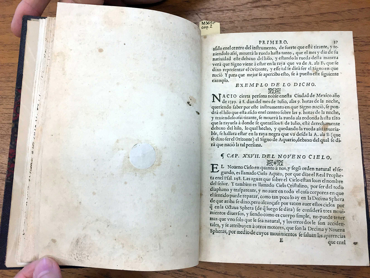 (Figs 11 & 12) Henrrico Martínez, Repertoire of the Times, and Natural History of this New Spain, 1606. Printed in the author’s own Printing House. Front and back of page with horoscope artifact, which skipped a page number.