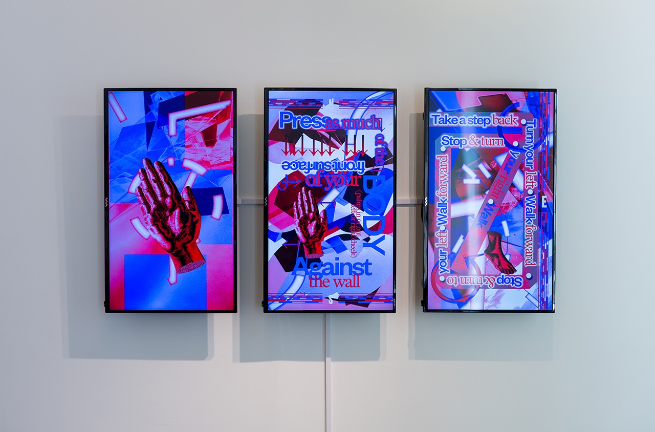 Current Location. As a part of Typojanch 2017, Chae created a 3-channel video and an acrylic panel installation. The piece displays three text directives for the viewer to position his/herself in the gallery space. The actions politicize the body on display. Text from Bruce Nauman's text piece, Body Pressure was also included to connect the work to a longer lineage of performance and body.