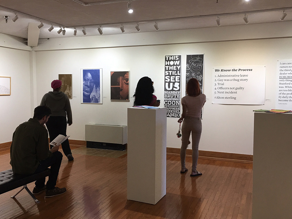 Design Connection exhibition at Mosely Gallery at the University of Maryland Eastern Shore. Artwork in the show includes Tasheka Arceneaux Sutton's Krewe, Black Lives Matter Too and If Hannah Hoch was Black What Would Her Work Look Like.